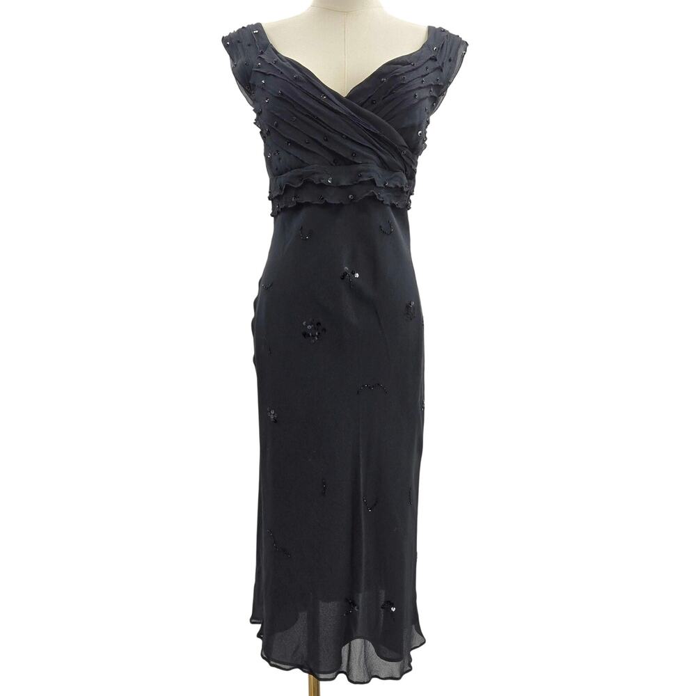 Lapis Womens Vtg Y2K Silk Fairy  Whimsigoth Babydoll Beaded Black Midi Dress S